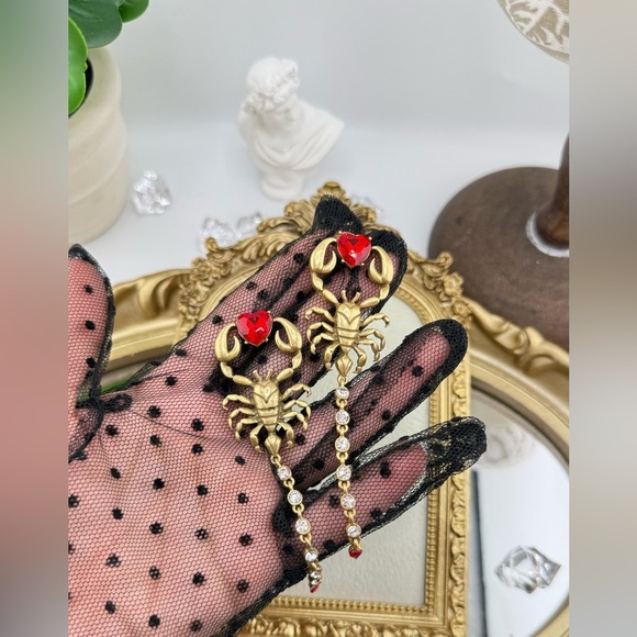 Gothic Scorpion Drop Earrings | Red Crystal Heart & Rhinestone Tail - Picture 12 of 12
